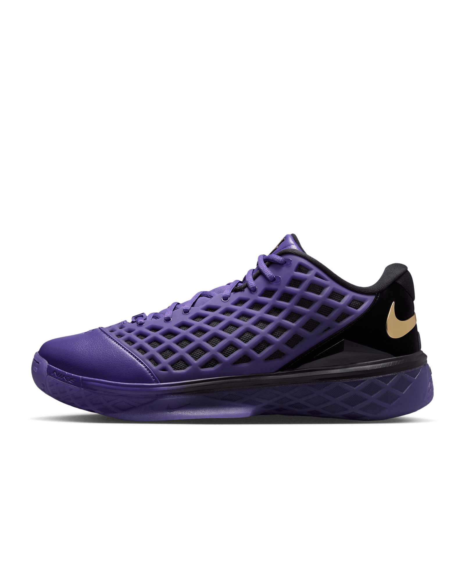 Lateral view of the Kobe 3 Low Protro x FC Barcelona in Electric Purple and black